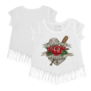 Girls Youth Tiny Turnip White San Diego Padres Tattoo Rose Fringe T-Shirt