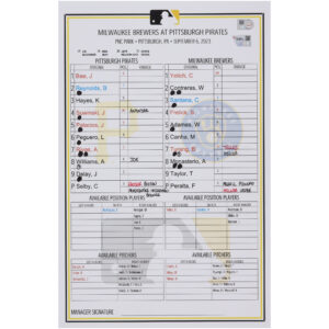 Pittsburgh Pirates Game-Used Lineup Card vs. Milwaukee Brewers on September 6, 2023