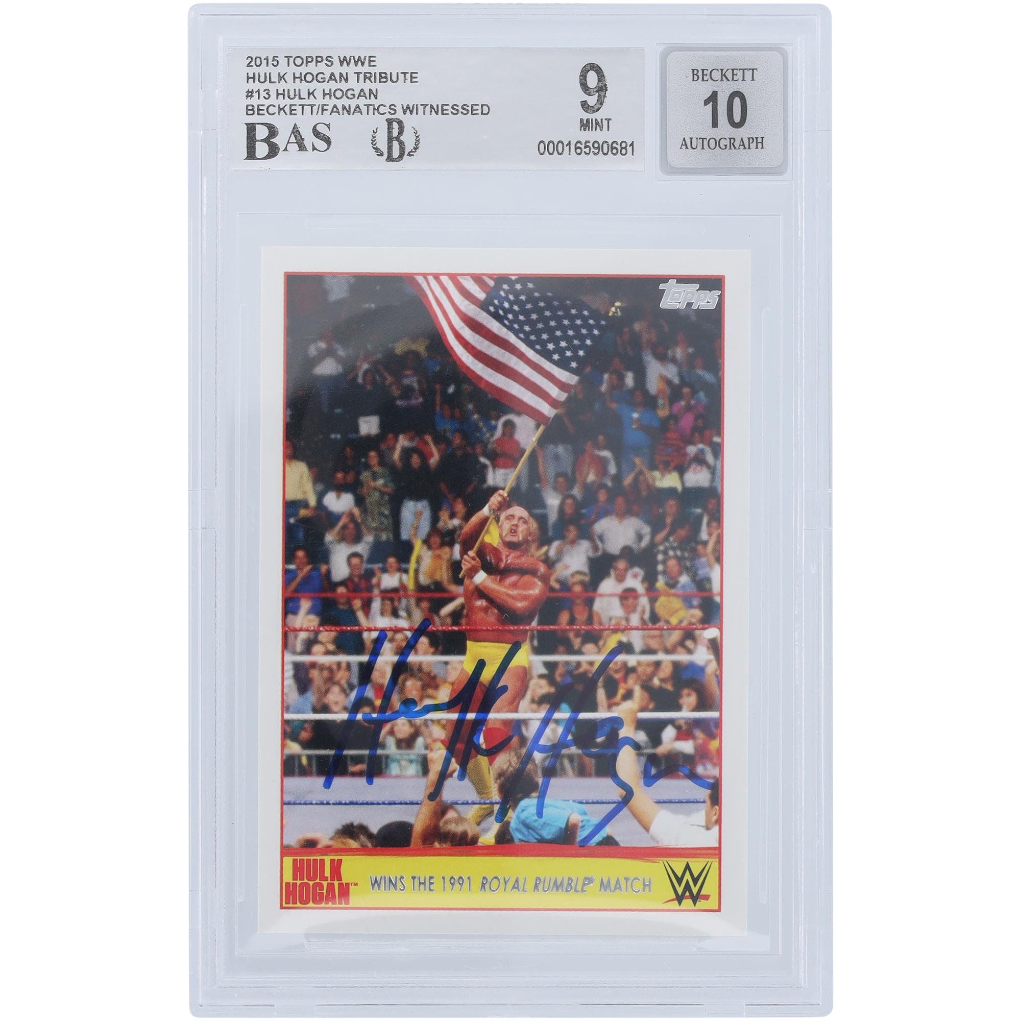 Hulk Hogan WWE Autographed 2015 Topps Tribute Wins Royal Rumble #13 Beckett Fanatics Witnessed Authenticated 9/10 Card