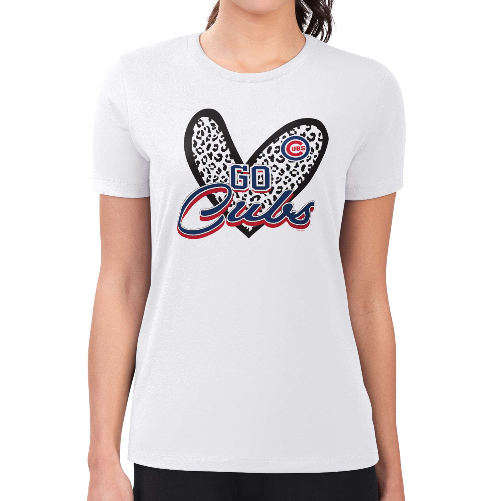 Women's G-III 4Her by Carl Banks White Chicago Cubs Leopard Heart Fitted T-Shirt