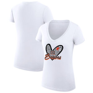 Women's G-III 4Her by Carl Banks White Cleveland Browns Leopard Heart Fitted V-Neck T-Shirt