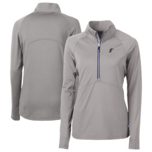 Women's Cutter & Buck Gray Florida Marlins Cooperstown Collection DryTec Adapt Eco Knit Stretch Recycled Raglan Half-Zip Top