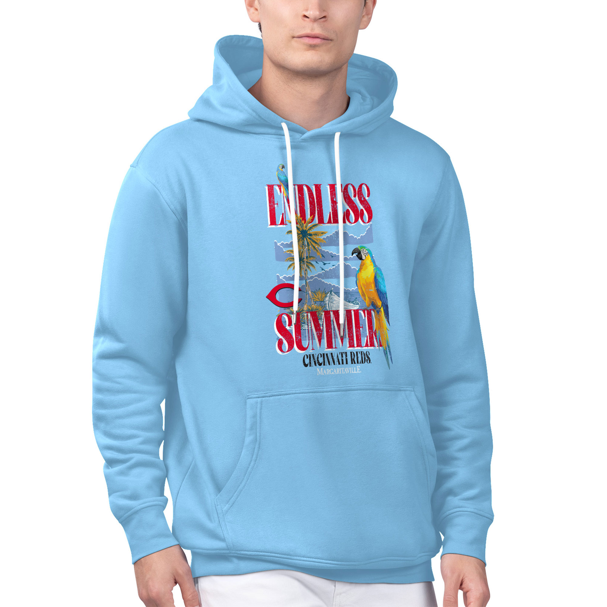 Men's Margaritaville Light Blue Cincinnati Reds Endless Summer Parrot Graphic Pullover Hoodie - Image 4
