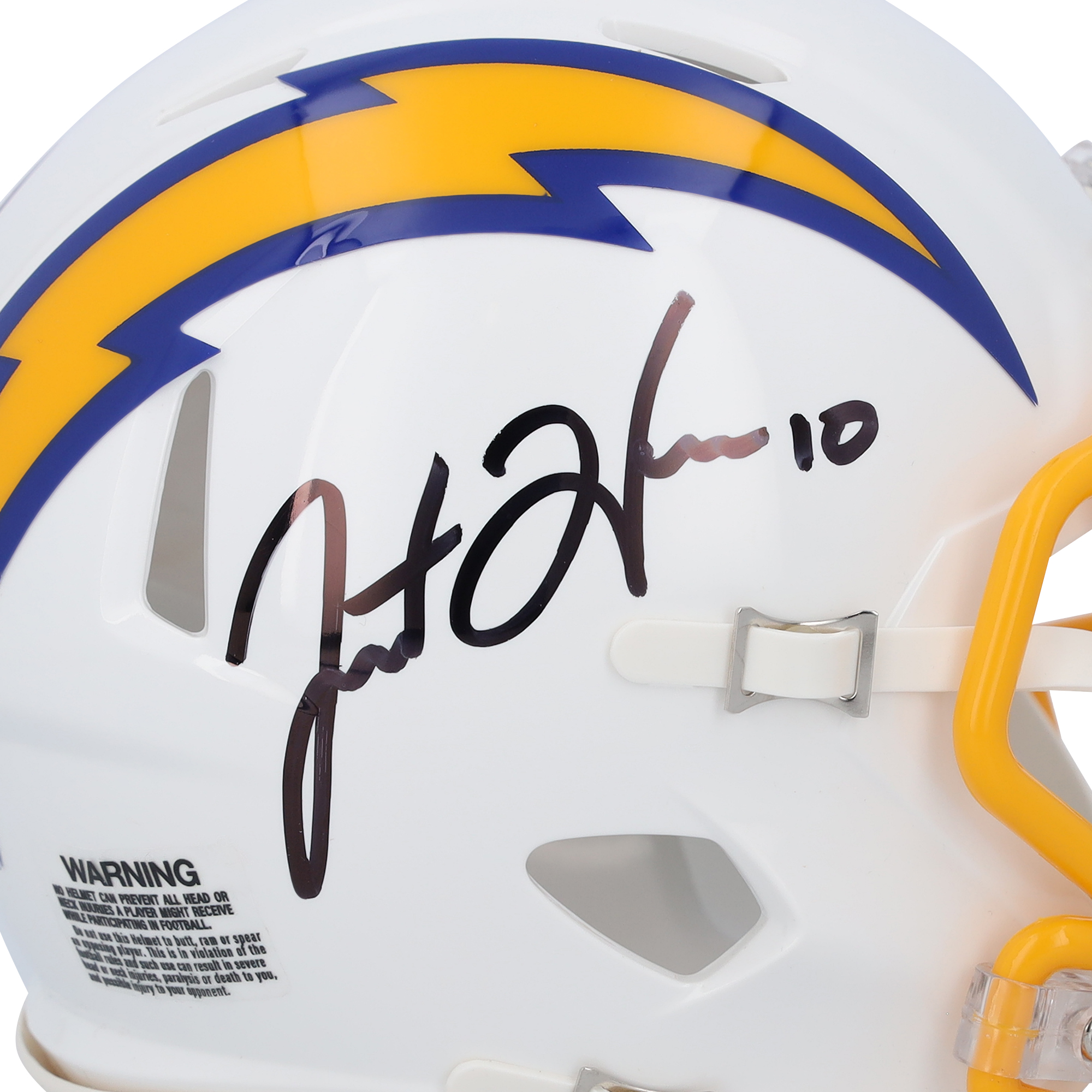 Justin Herbert Los Angeles Chargers Autographed White/Royal Color Rush Riddell Speed Mini Helmet - Signed in Black - Image 5