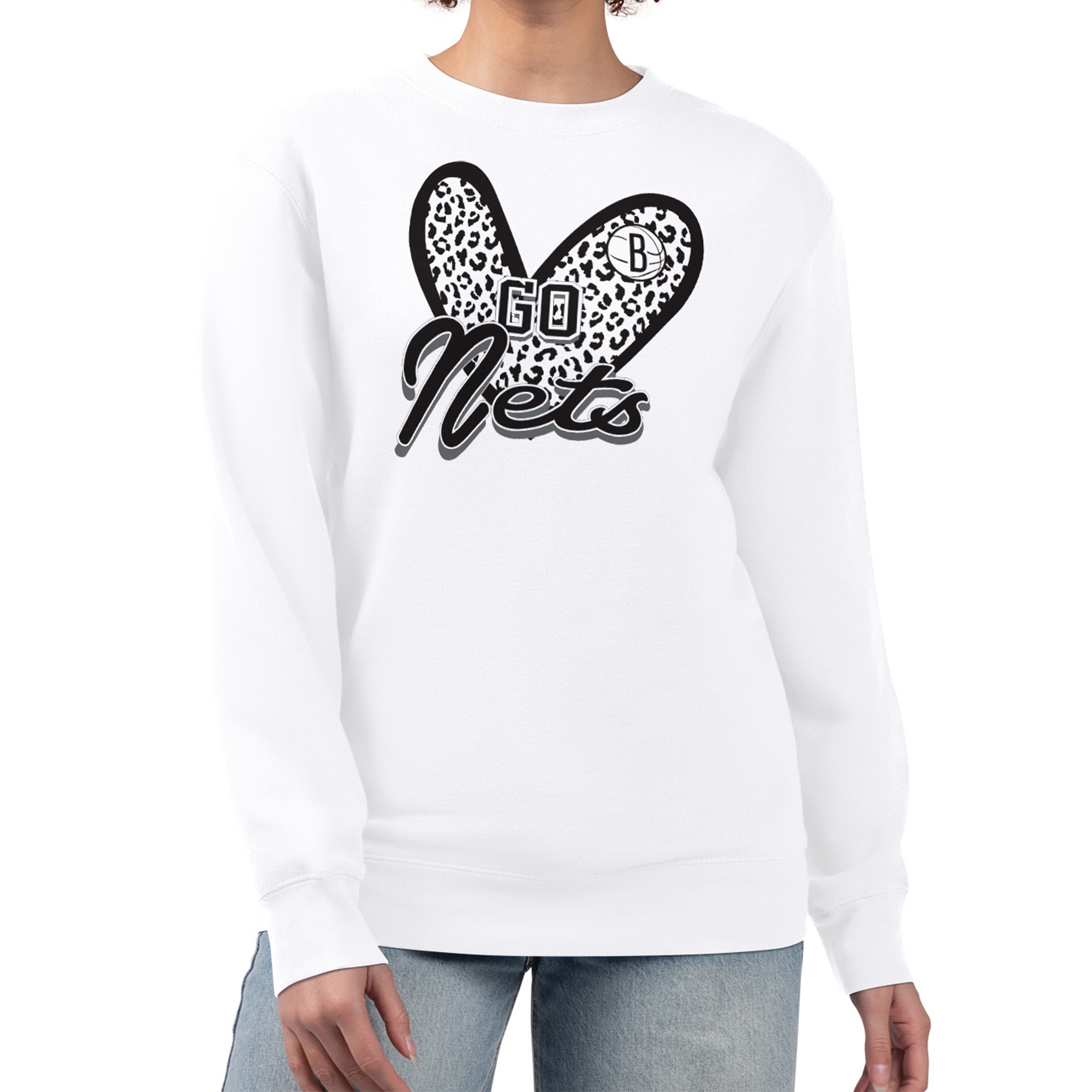 Women's G-III 4Her by Carl Banks White Brooklyn Nets Leopard Heart Fleece Pullover Sweatshirt