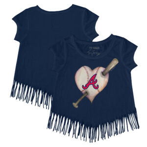 Girls Toddler Tiny Turnip Navy Atlanta Braves Heart Bat Fringe T-Shirt