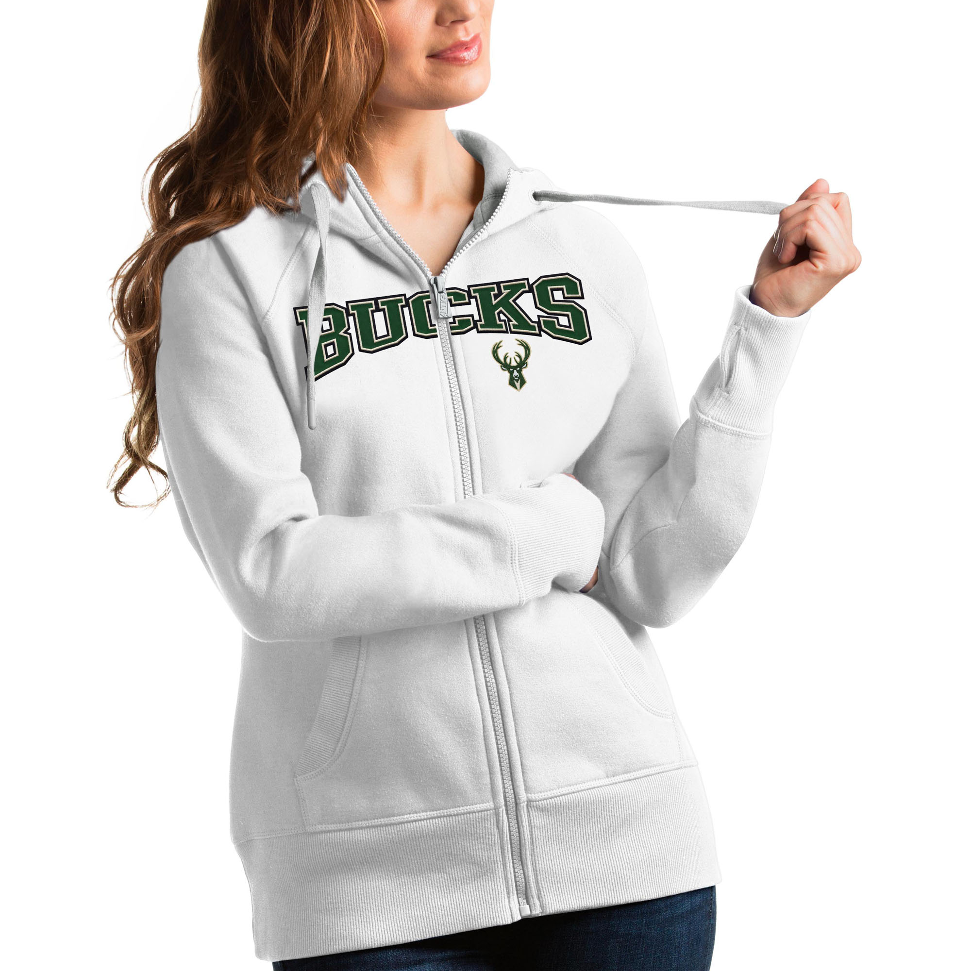 Women's Antigua White Milwaukee Bucks Team Victory Full-Zip Hoodie