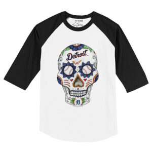 Toddler Tiny Turnip White/Black Detroit Tigers Sugar Skull Raglan 3/4 Sleeve T-Shirt