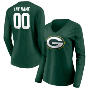 Women's Green Green Bay Packers Team Authentic Personalized Name & Number Long Sleeve V-Neck T-Shirt
