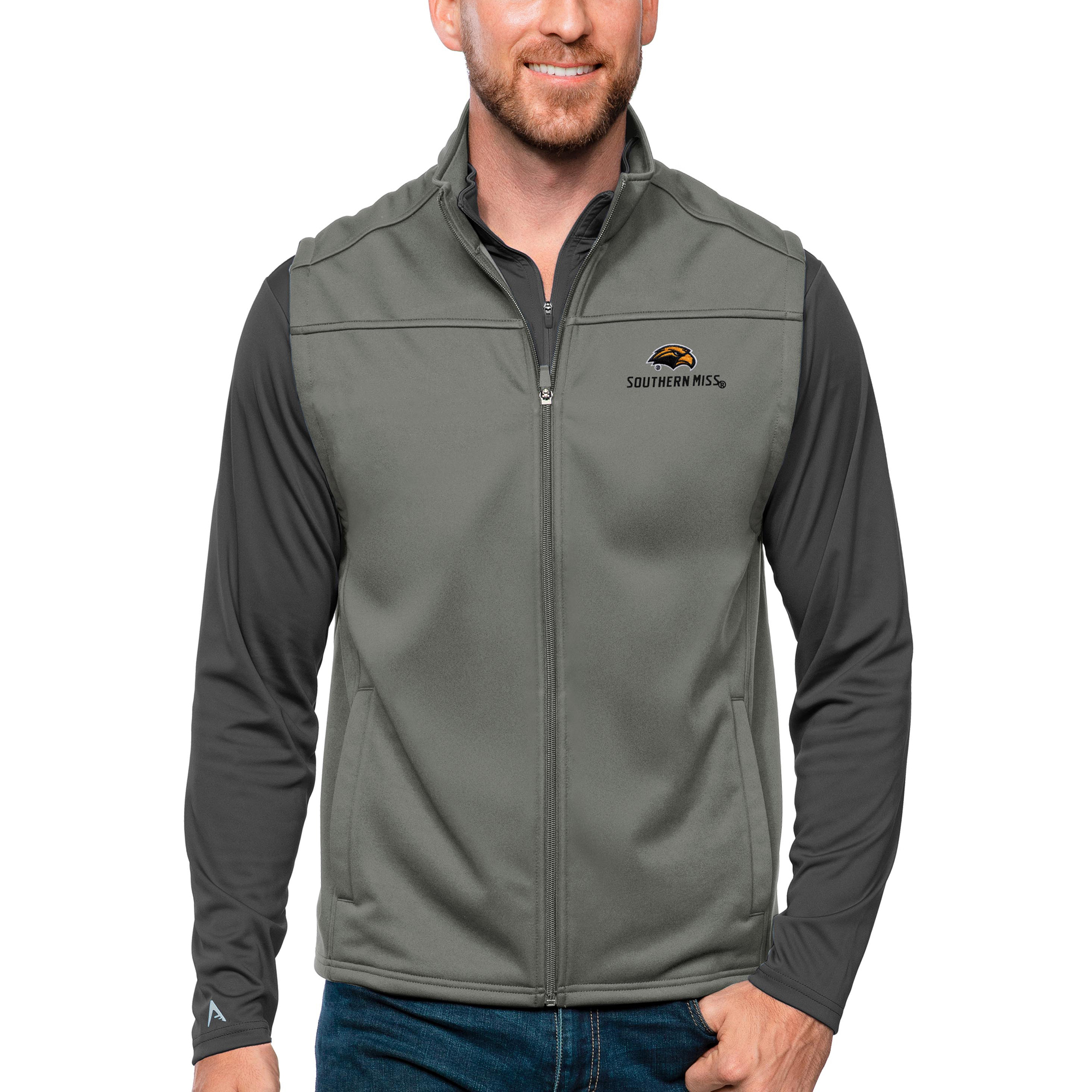 Men's Antigua Steel Southern Miss Golden Eagles Links Full-Zip Golf Vest