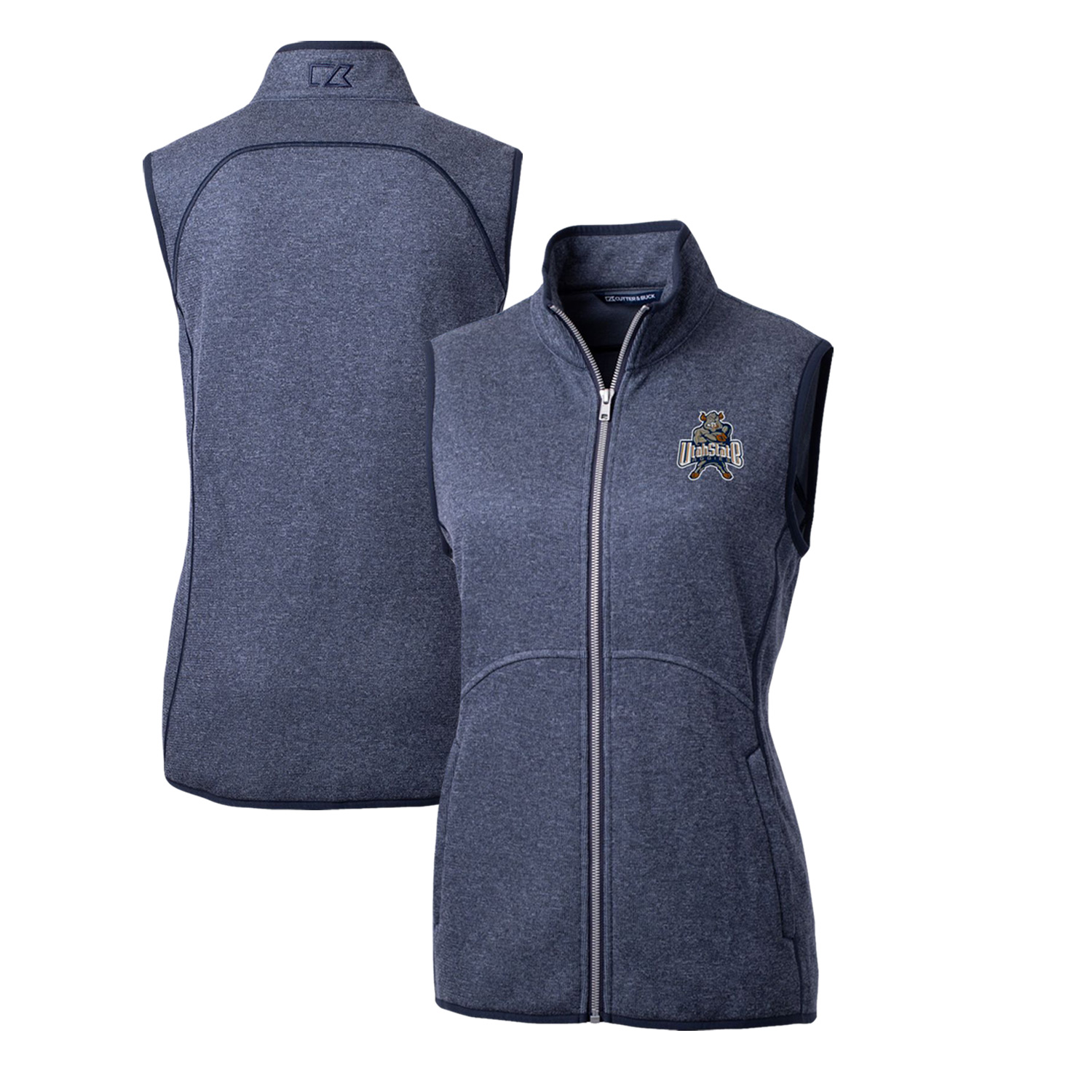 Women's Cutter & Buck Heather Navy Utah State Aggies Mainsail Basic Sweater-Knit Full-Zip Vest