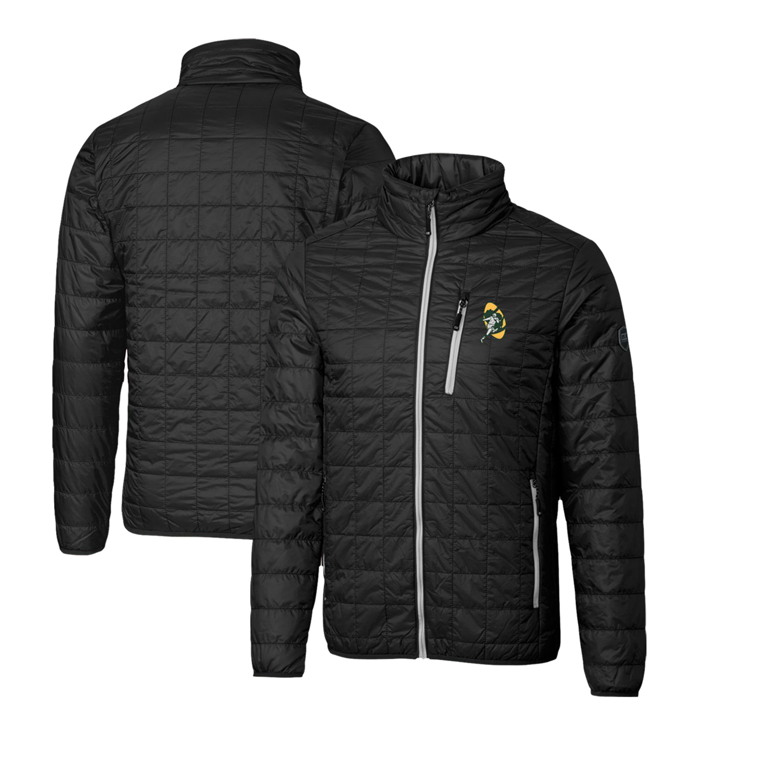 Men's Cutter & Buck Black Green Bay Packers Throwback Logo Rainier PrimaLoft Eco Insulated Full-Zip Puffer Jacket