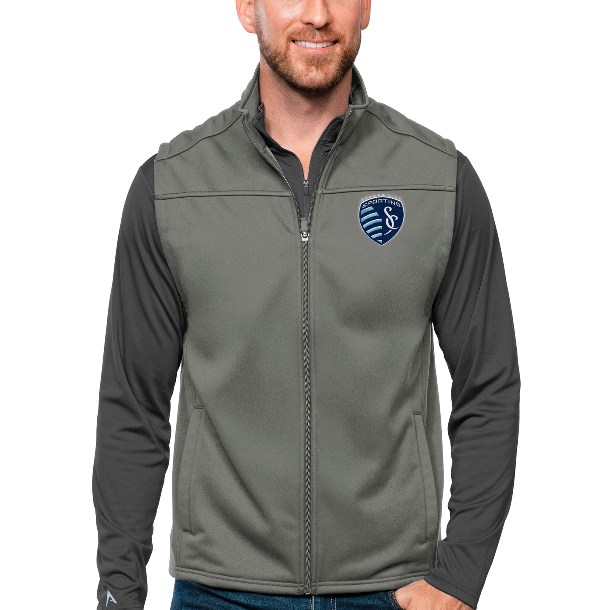Men's Antigua Steel Sporting Kansas City Primary Team Logo Links Full-Zip Golf Vest
