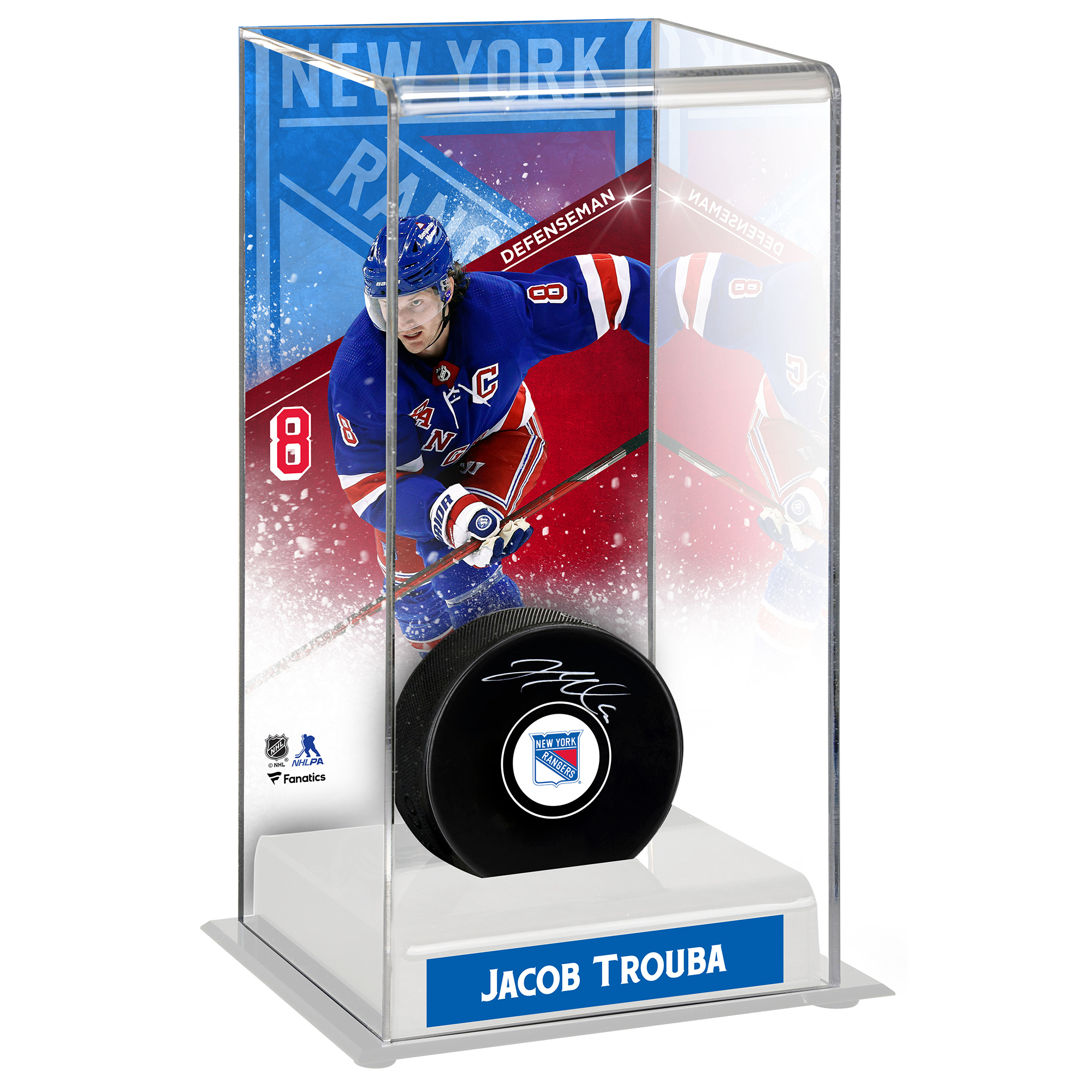 Jacob Trouba New York Rangers Autographed Puck with Deluxe Tall Hockey Puck Case