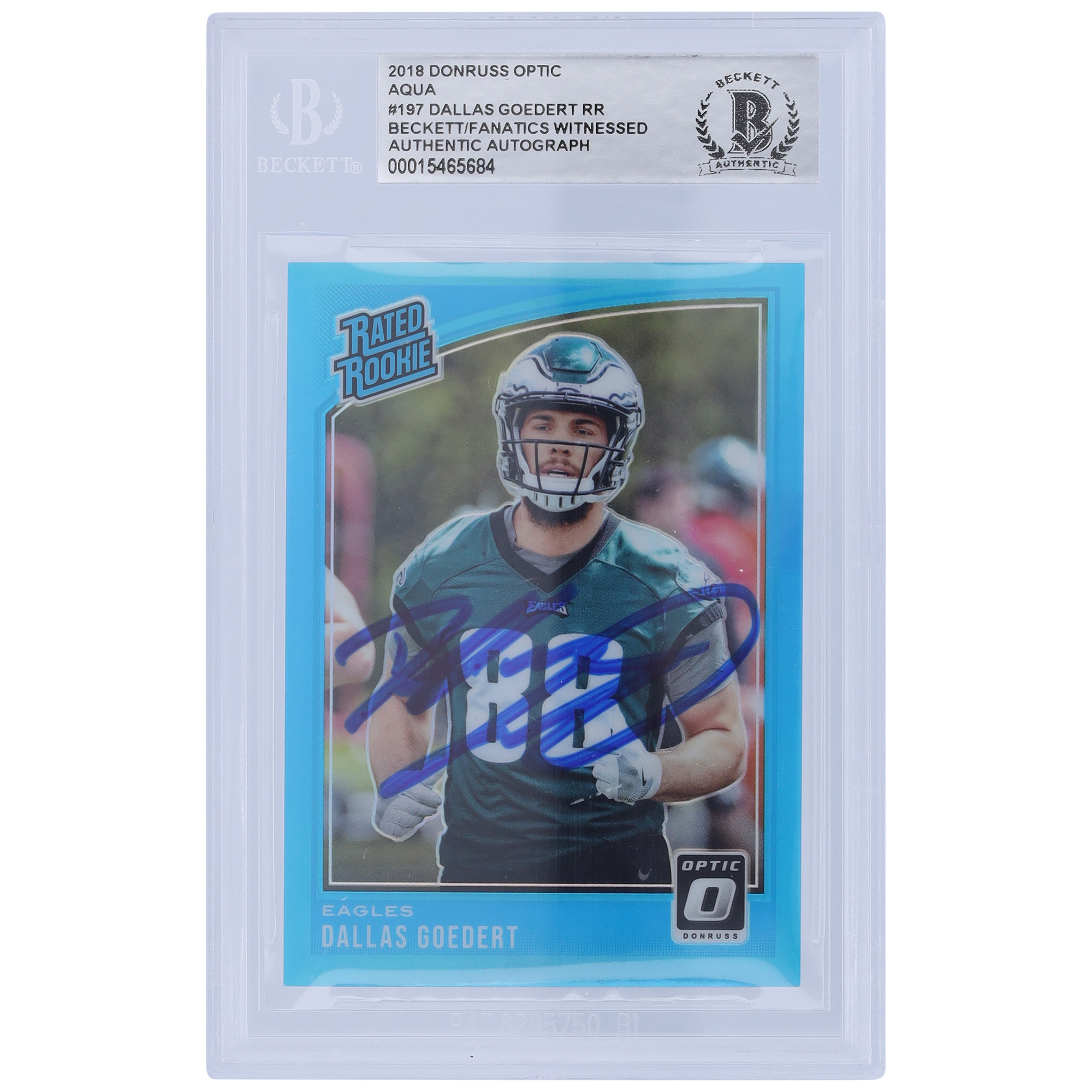 Dallas Goedert Philadelphia Eagles Autographed 2018 Panini Donruss Optic Aqua Rated Rookie #197 #290/299 Beckett Fanatics Witnessed Authenticated Rookie Card - Image 4