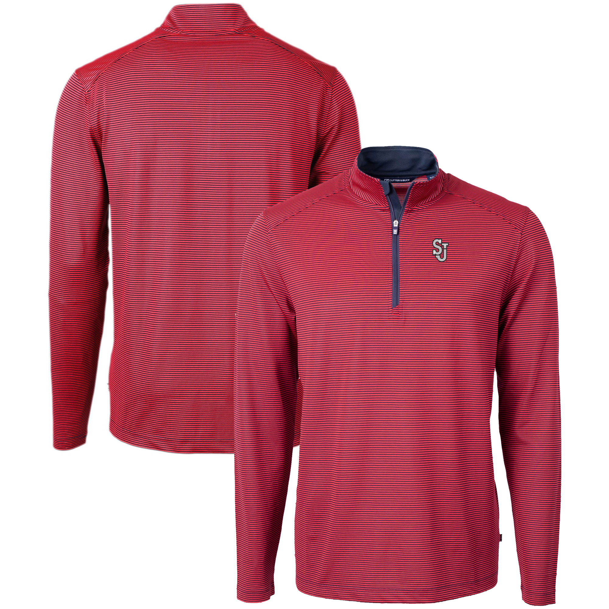 Men's Cutter & Buck Red/Navy St. John's Red Storm Big & Tall Virtue Eco Pique Micro Stripe Recycled Quarter-Zip Pullover Top