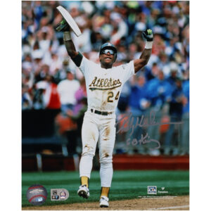 Rickey Henderson Athletics Autographed 8" x 10" Sets All-Time Stolen Base Record Holding Up Base Photograph with "SB King" Inscription