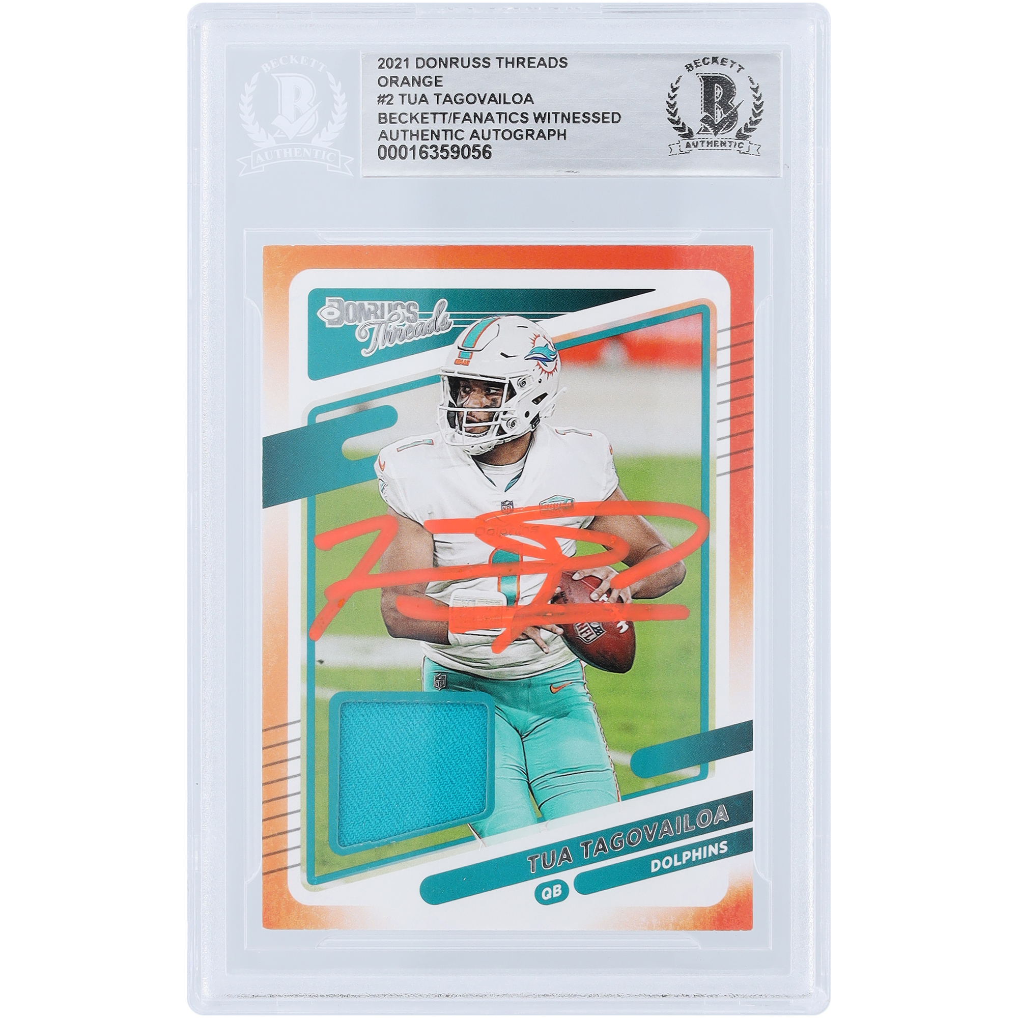 Tua Tagovailoa Miami Dolphins Autographed 2021 Panini Donruss Threads Orange Relic Orange Ink #DT2 Beckett Fanatics Witnessed Authenticated Card