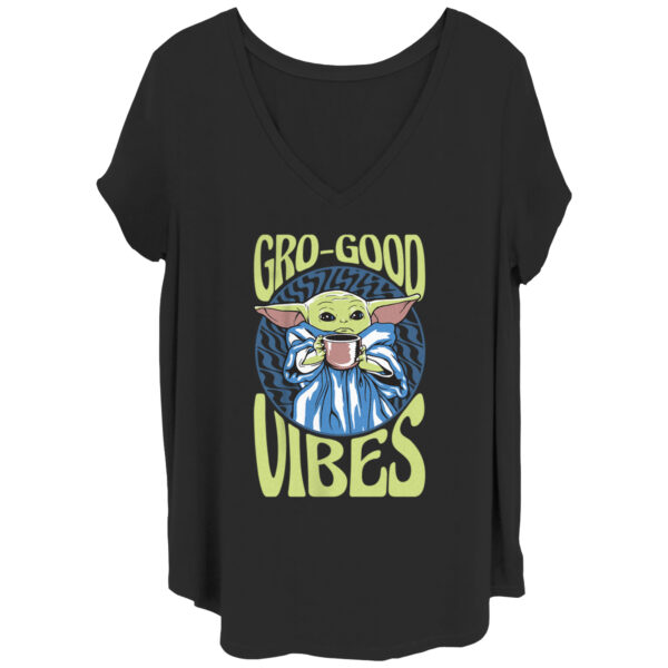 Women's Mad Engine Grogu Black The Mandalorian Good Vibes Graphic Plus Size V-Neck T-Shirt