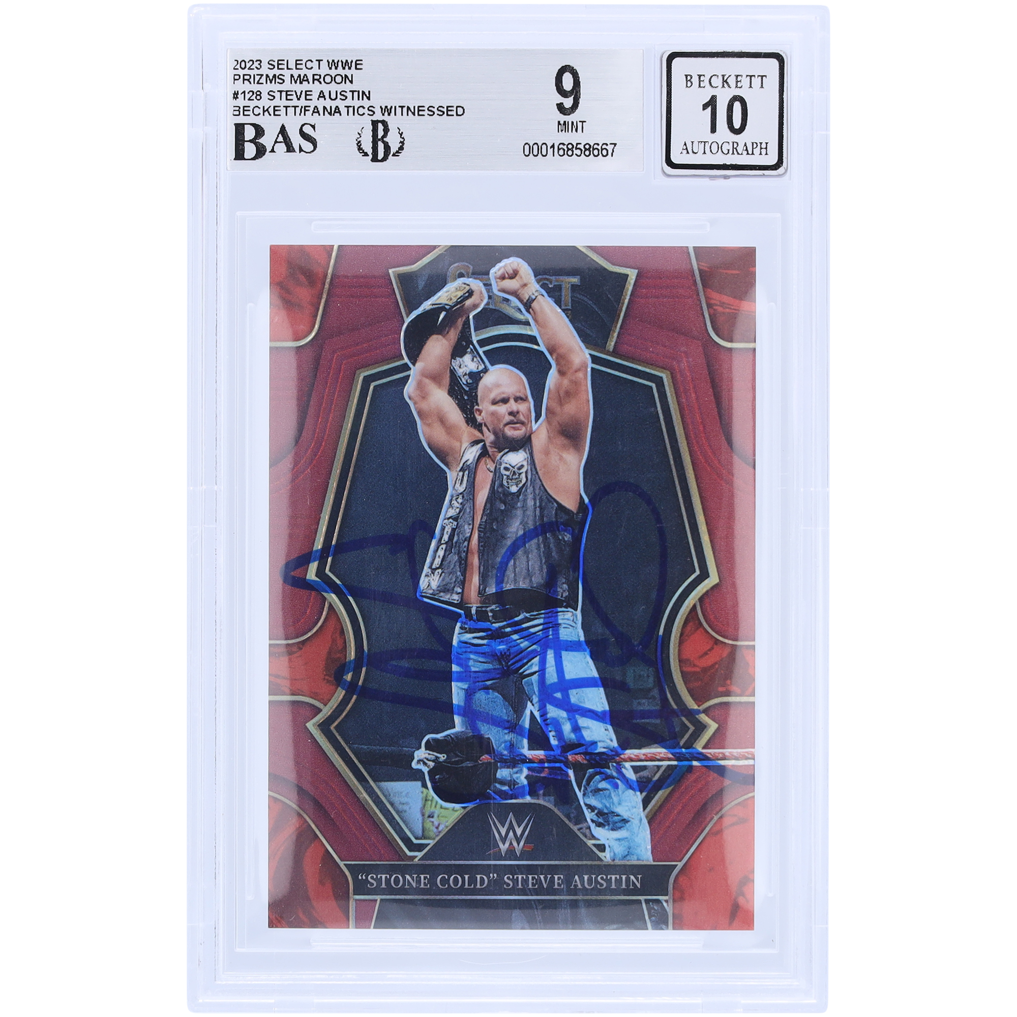 "Stone Cold" Steve Austin WWE Autographed 2023 Panini Select Maroon Prizm #128 #16/149 Beckett Fanatics Witnessed Authenticated 9/10 Card - Image 5