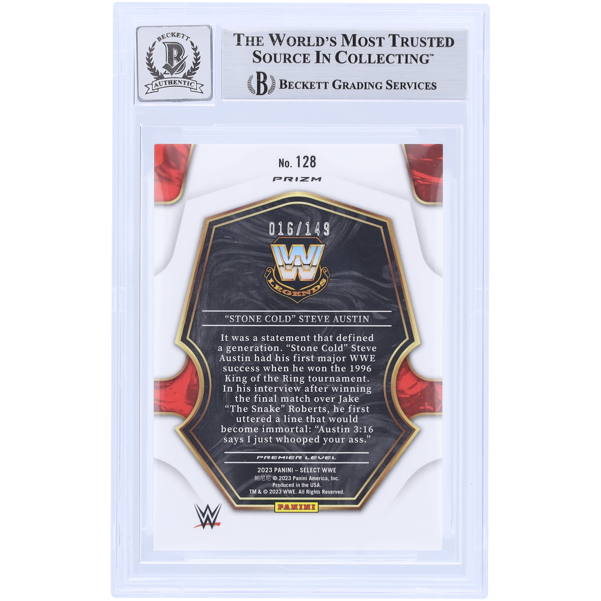 "Stone Cold" Steve Austin WWE Autographed 2023 Panini Select Maroon Prizm #128 #16/149 Beckett Fanatics Witnessed Authenticated 9/10 Card - Image 8