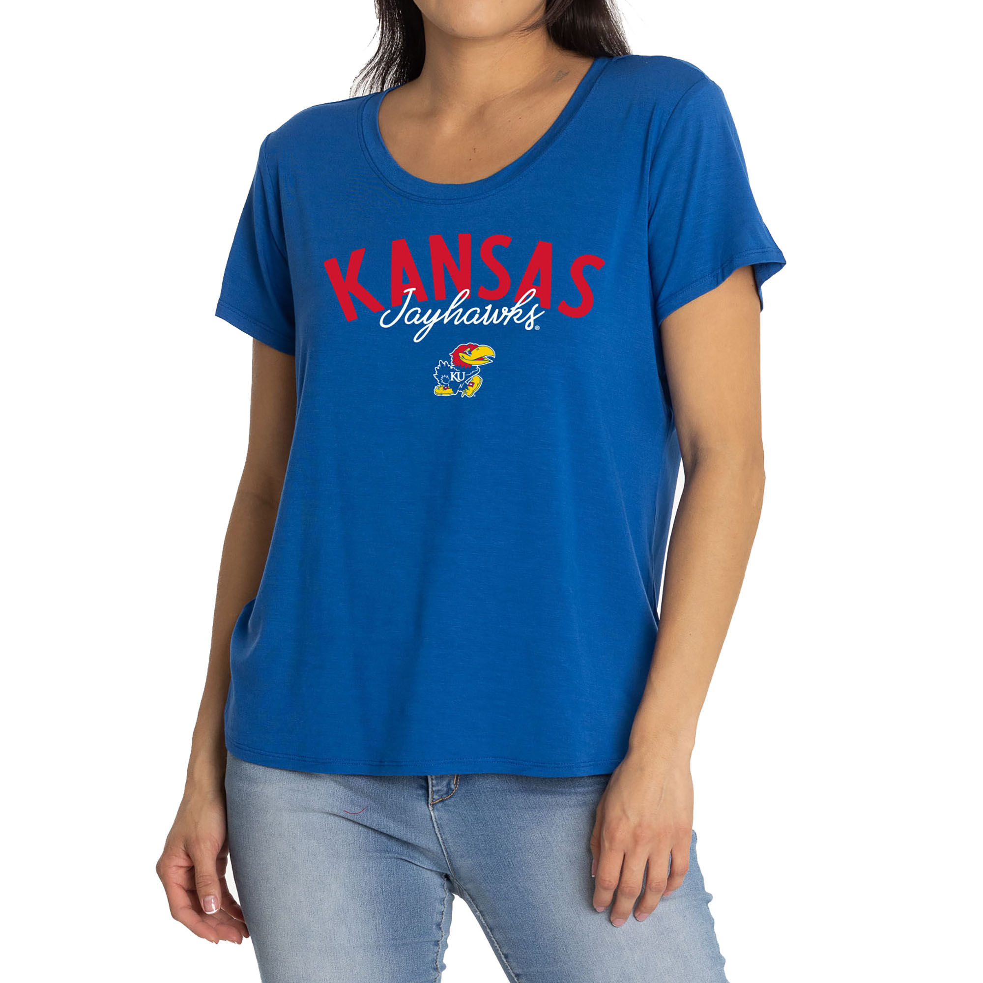Women's Royal Kansas Jayhawks Scarlet Scoop Neck T-Shirt - Image 2