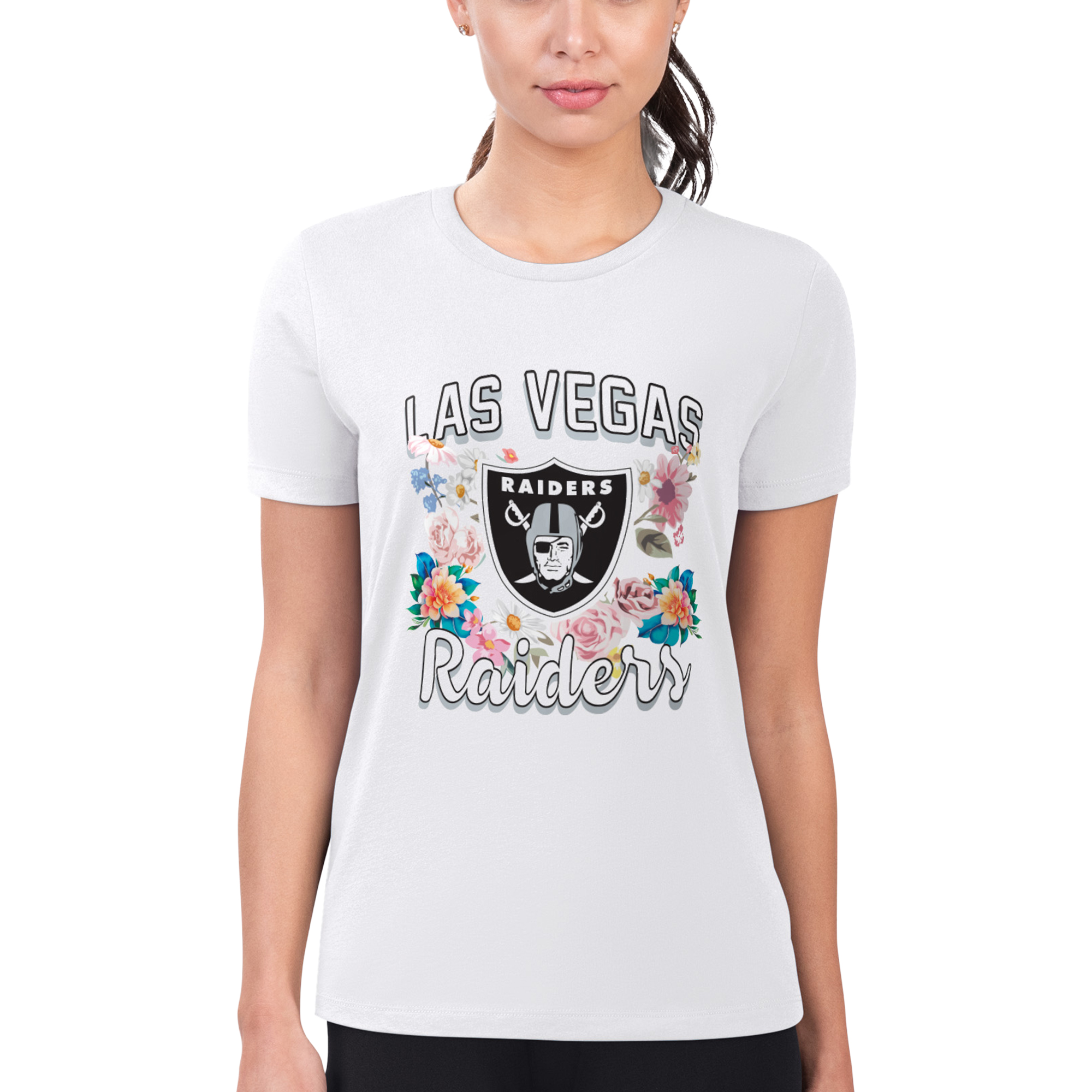 Women's G-III 4Her by Carl Banks White Las Vegas Raiders Flowers Team Logo Graphic Fitted T-Shirt - Image 4