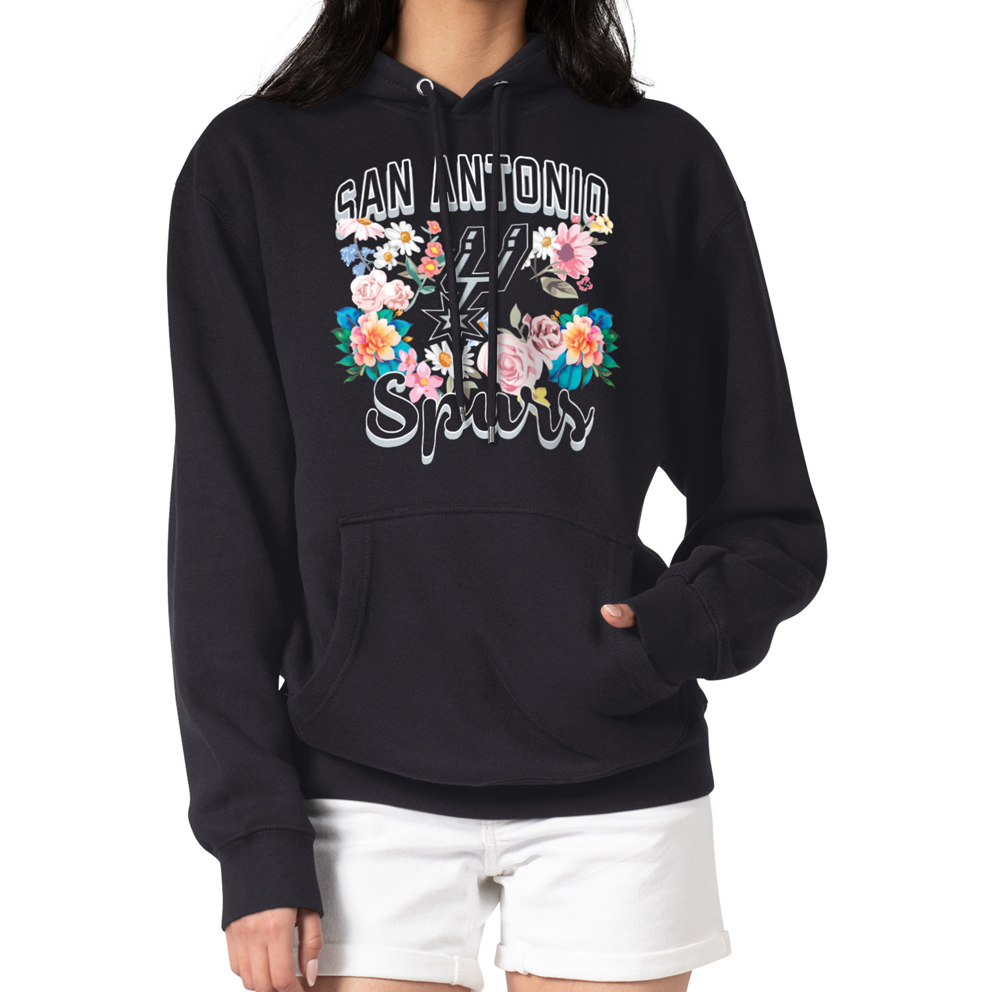 Women's G-III 4Her by Carl Banks Black San Antonio Spurs Flowers Team Logo Graphic Fleece Pullover Hoodie