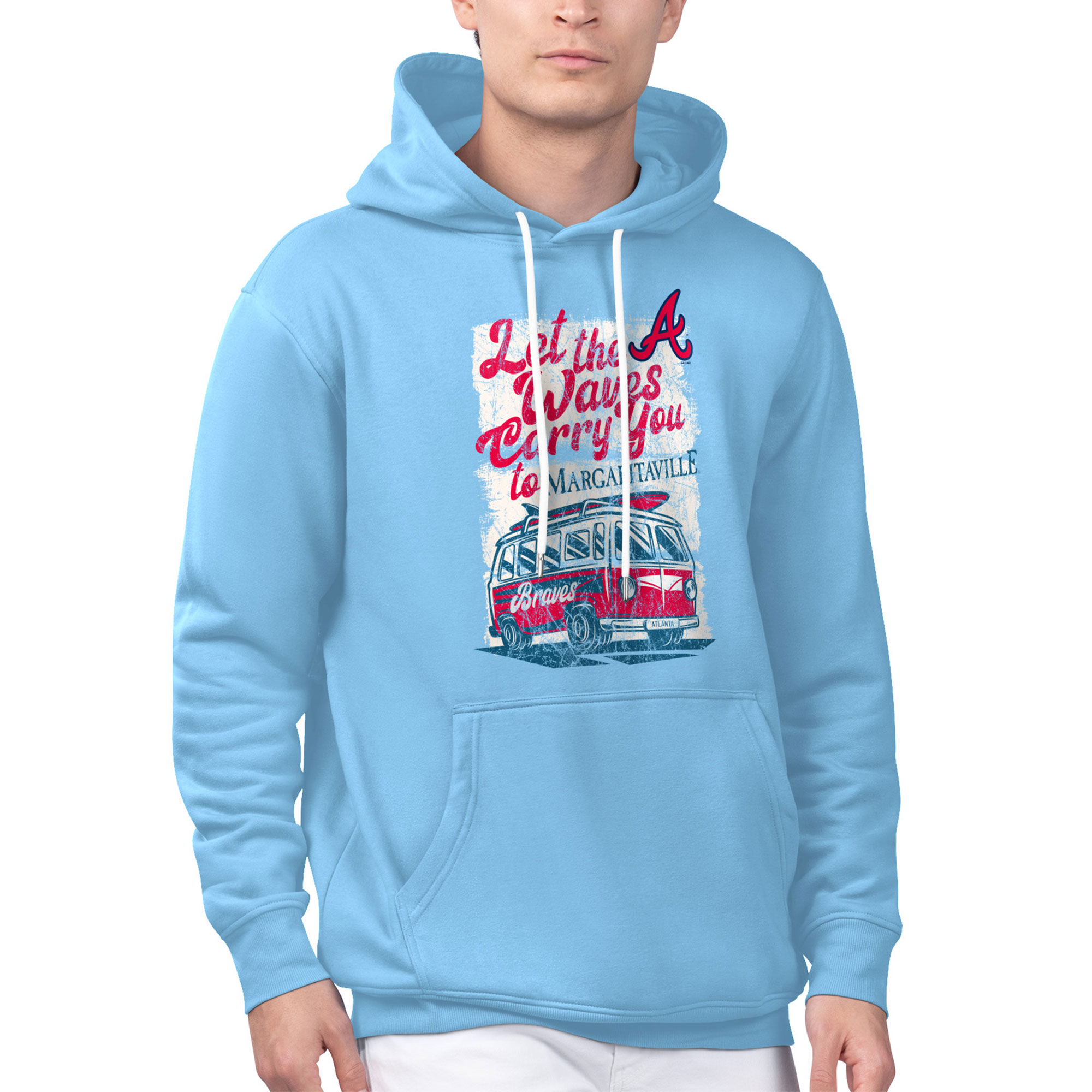 Men's Margaritaville Light Blue Atlanta Braves Bus Waves Graphic Pullover Hoodie