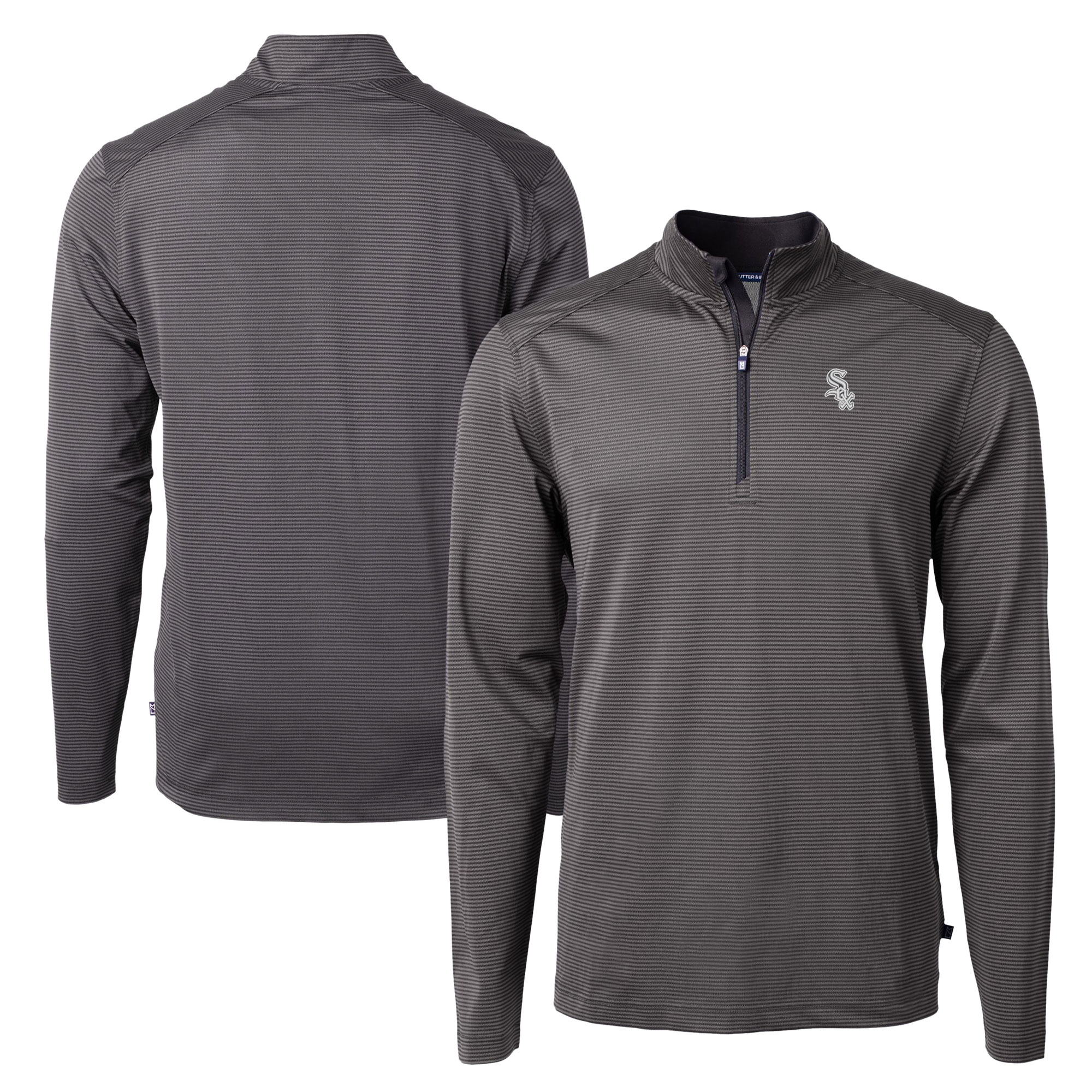 Men's Cutter & Buck Black/Gray Chicago White Sox Big & Tall Virtue Eco Pique Micro Stripe Quarter-Zip Jacket - Image 2