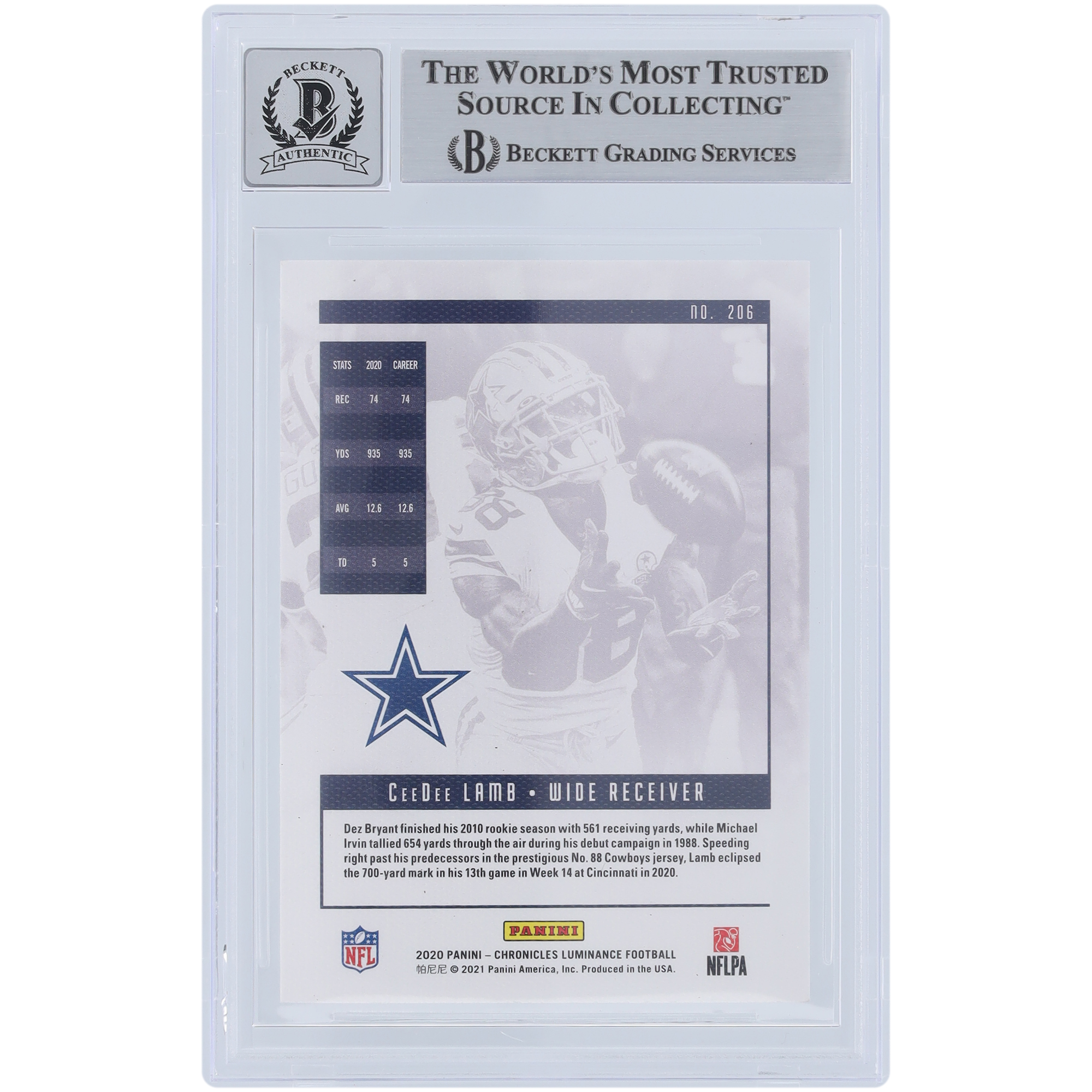 CeeDee Lamb Dallas Cowboys Autographed 2020 Panini Chronicles Luminance #206 Beckett Fanatics Witnessed Authenticated 9/10 Rookie Card - Image 3