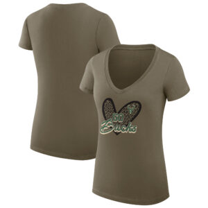 Women's G-III 4Her by Carl Banks  Olive Milwaukee Bucks Leopard Heart Fitted V-Neck T-Shirt