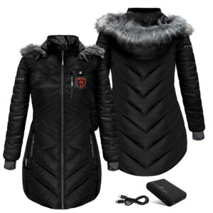 Women's ActionHeat Black Chicago Bears 5V Battery Heated Long Puffer Full-Zip Hoodie Jacket