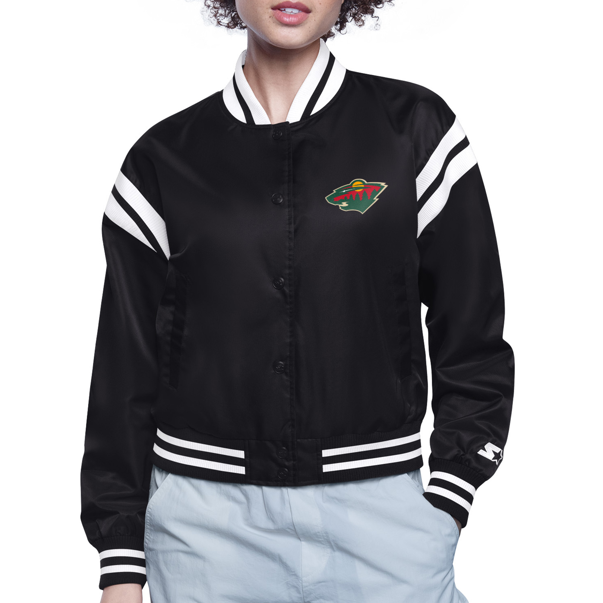 Women's Starter Black Minnesota Wild Printed Round Team Logo Satin Varsity Full-Snap Jacket