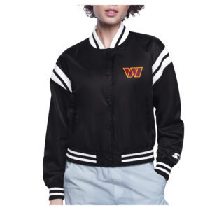 Women's Starter  Black Washington Commanders Round Team Logo Cropped Satin Varsity Full-Snap Jacket