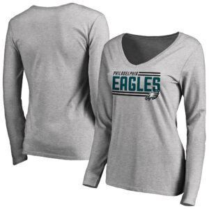 Women's Ash Philadelphia Eagles Iconic Collection On Side Stripe Long Sleeve V-Neck T-Shirt