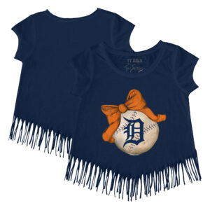 Girls Youth Tiny Turnip Navy Detroit Tigers Baseball Bow Fringe T-Shirt