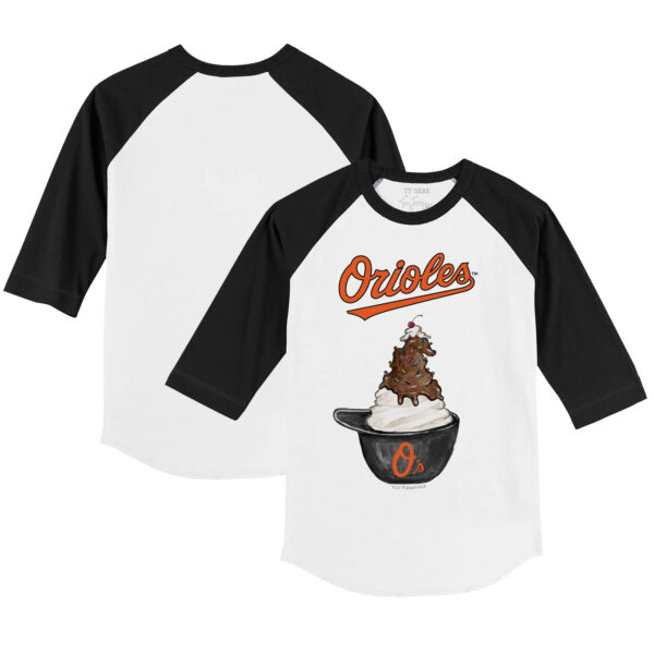Youth Tiny Turnip White/Black Baltimore Orioles Sundae Helmet 3/4-Sleeve Raglan T-Shirt - Image 5