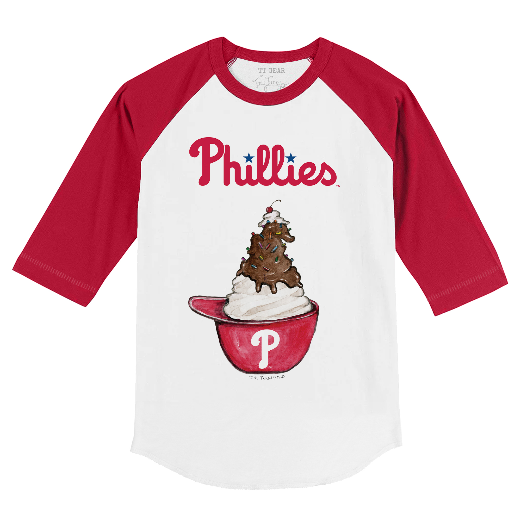 Youth Tiny Turnip White/Red Philadelphia Phillies Sundae Helmet 3/4-Sleeve Raglan T-Shirt - Image 6