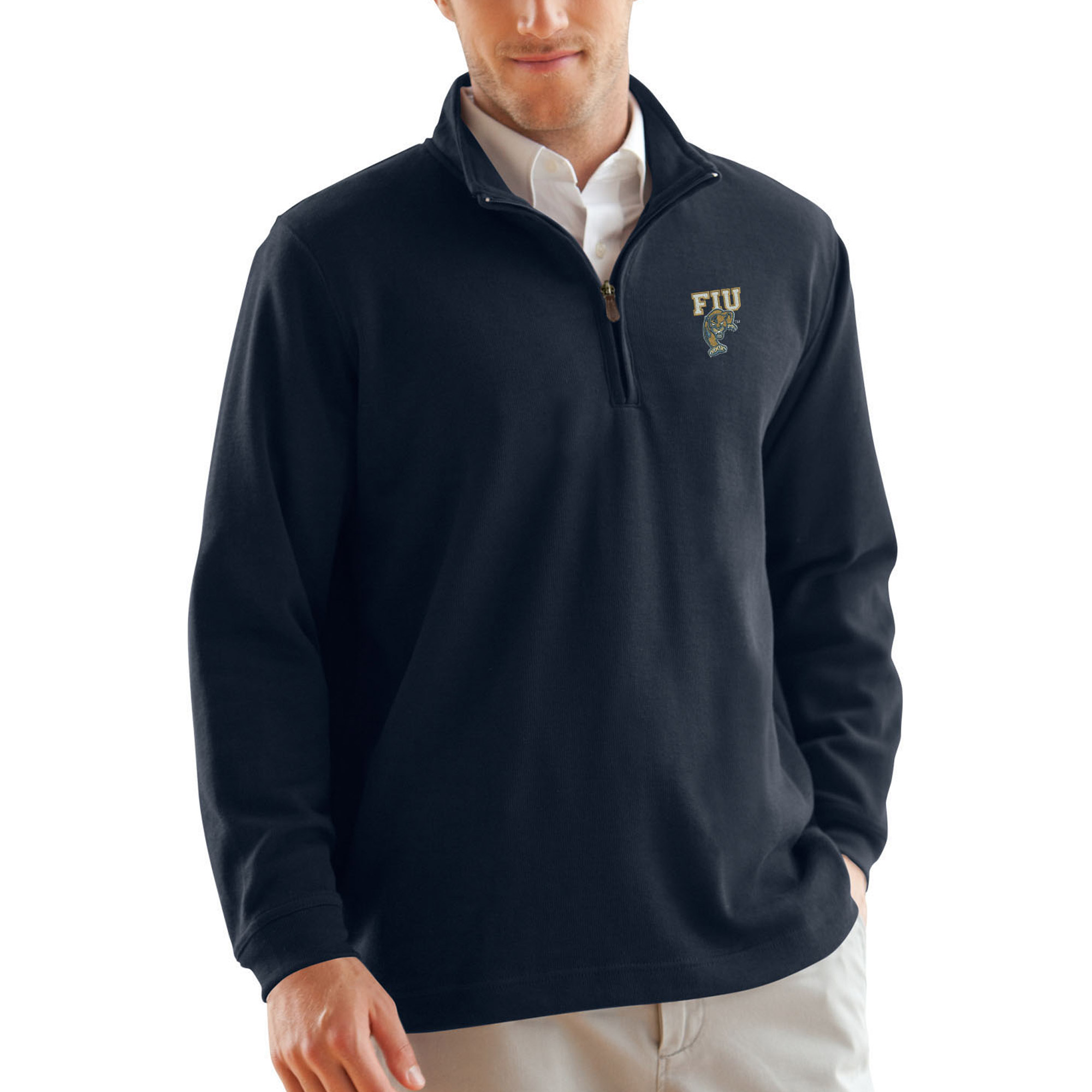 Men's Navy FIU Panthers Flat-Back Rib 1/4-Zip Pullover Sweater