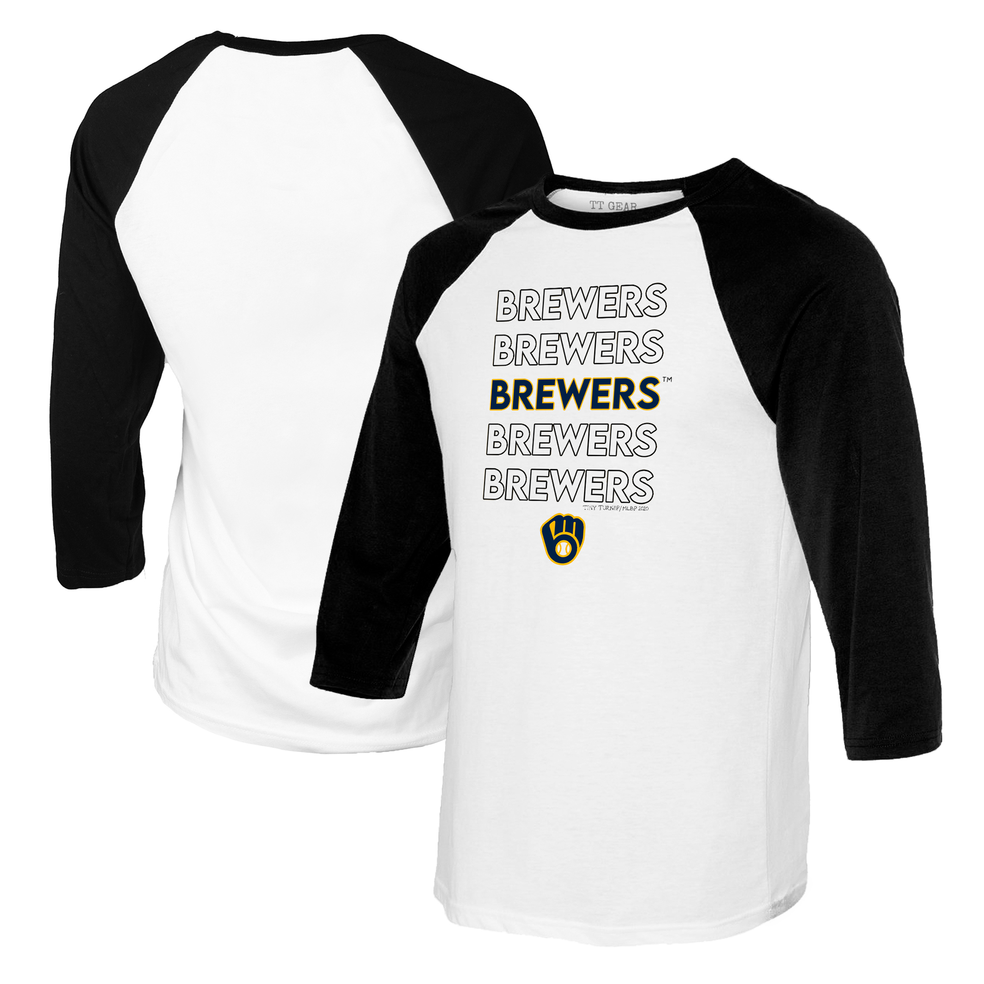 Women's Tiny Turnip White/Black Milwaukee Brewers Stacked 3/4-Sleeve Raglan T-Shirt