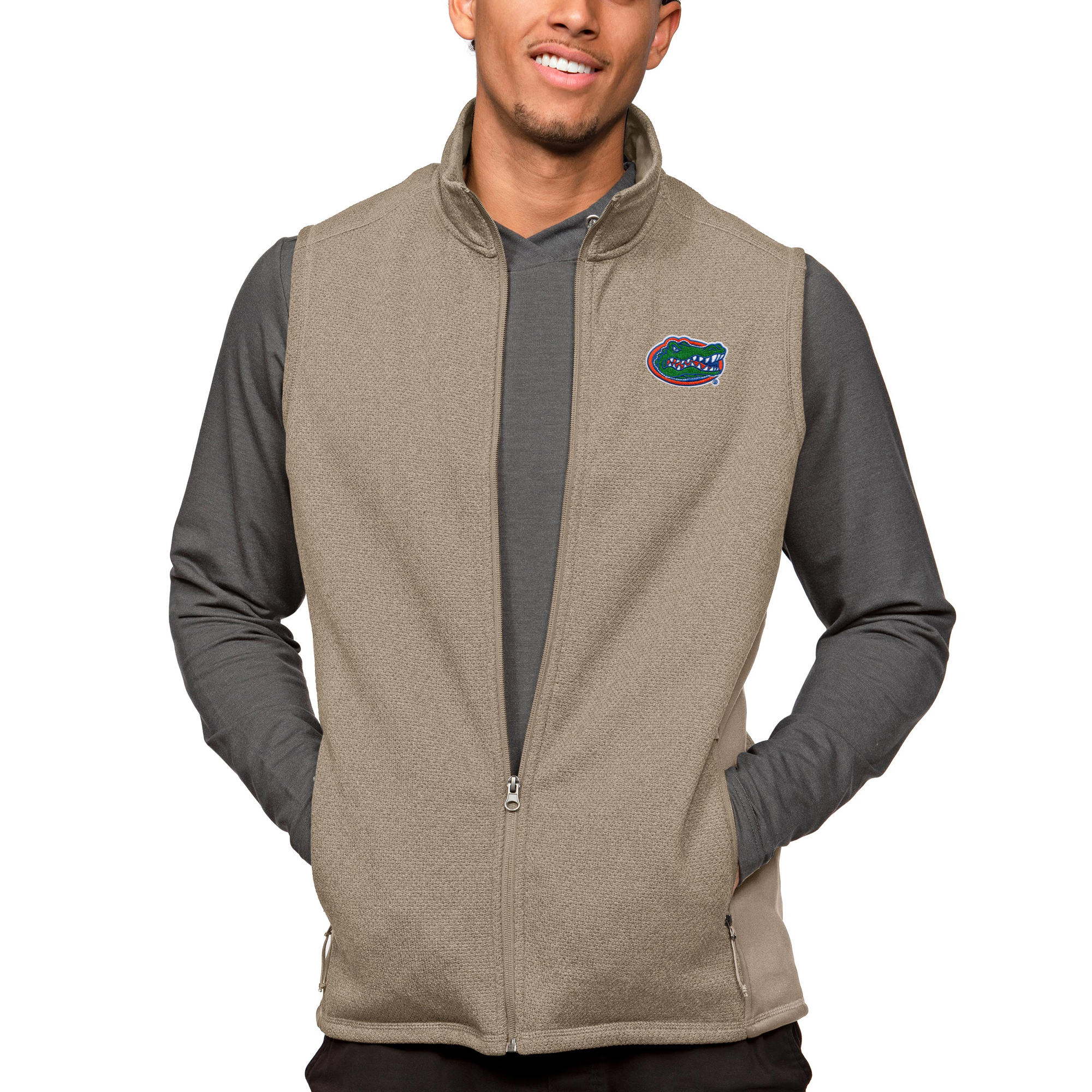 Men's Antigua Oatmeal Florida Gators Course Full-Zip Vest