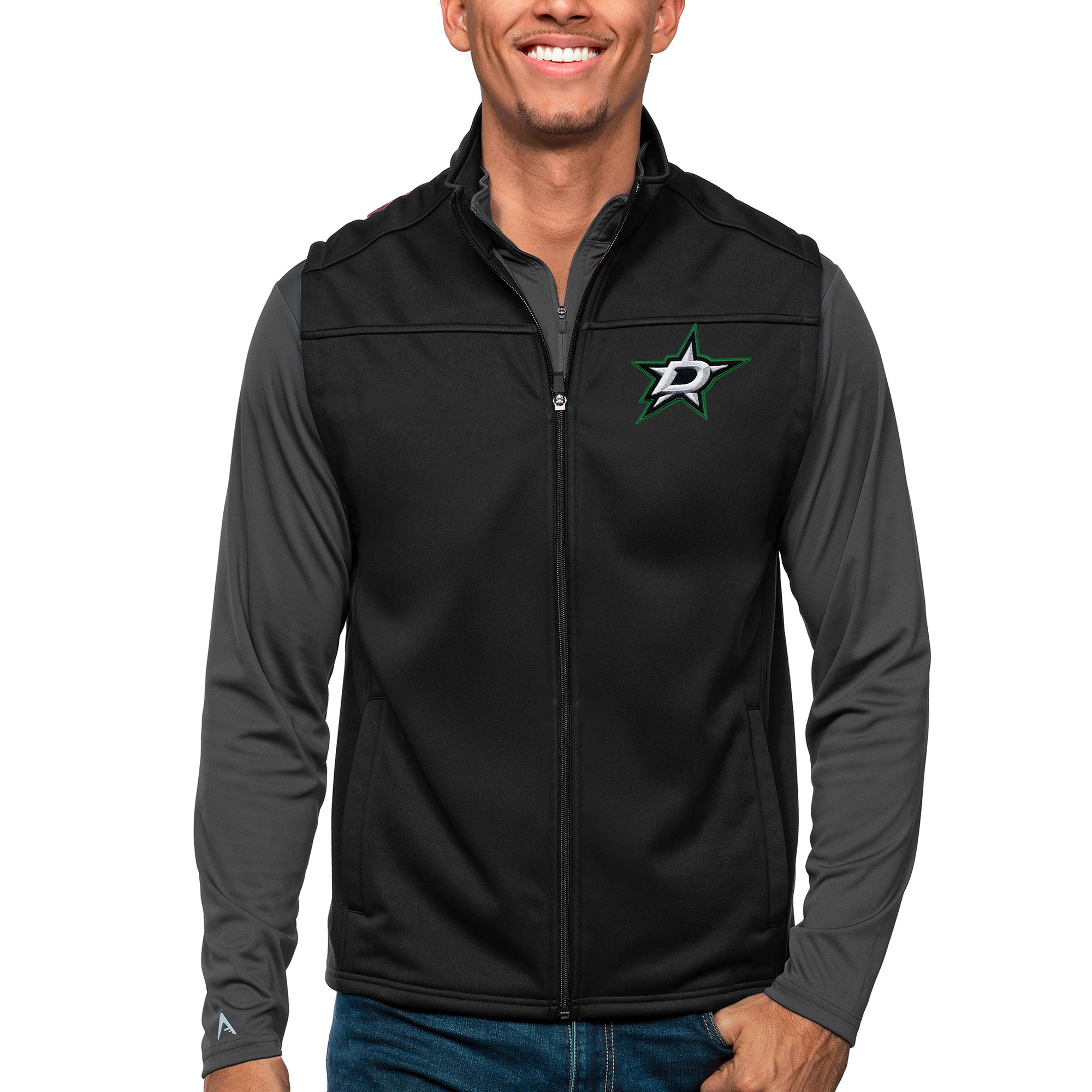 Men's Antigua Black Dallas Stars Links Full-Zip Golf Vest