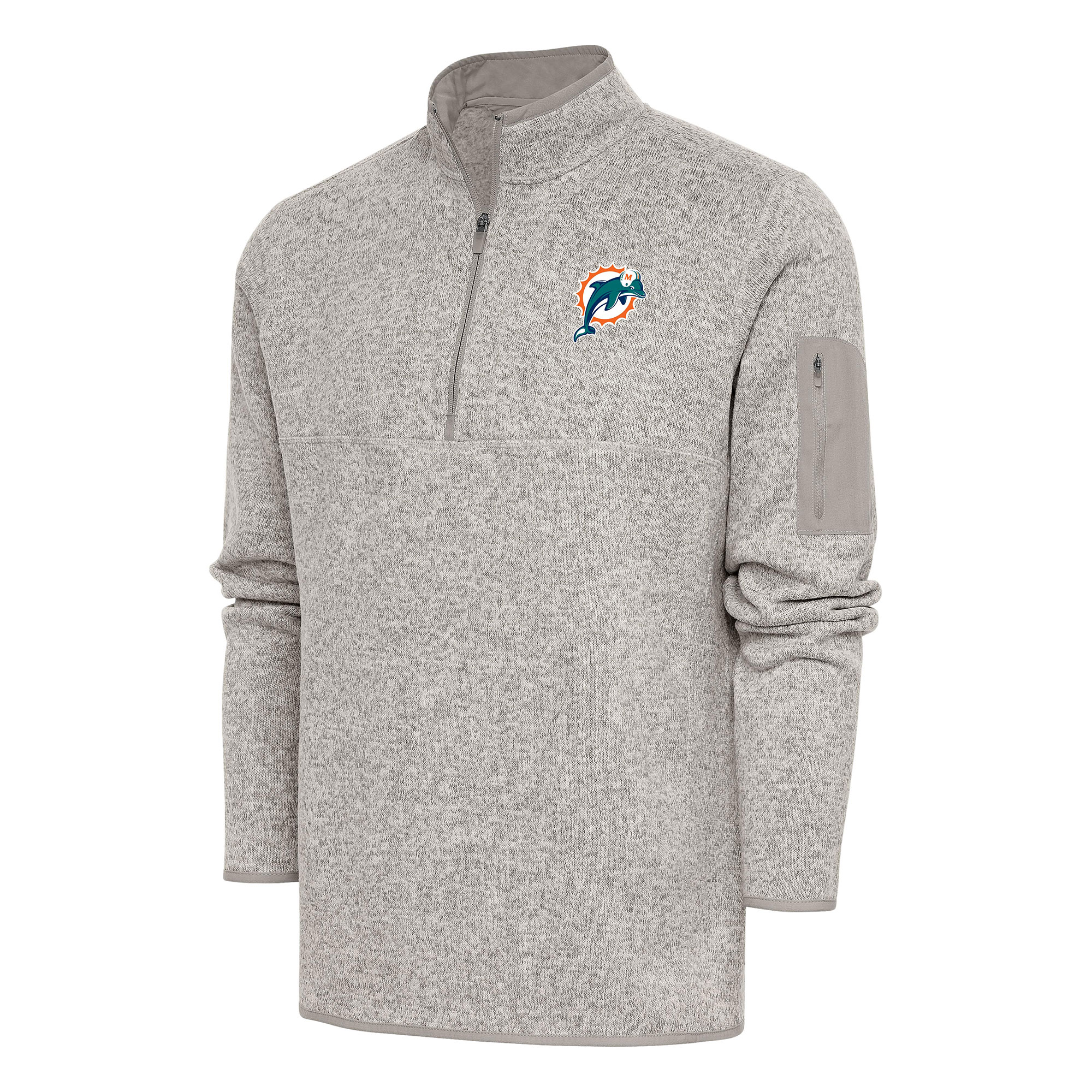 Men's Antigua Oatmeal Miami Dolphins Throwback Fortune Quarter-Zip Pullover Jacket