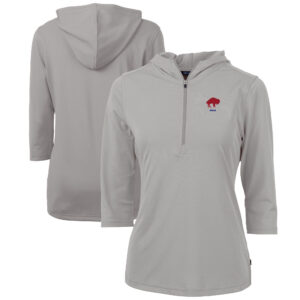 Women's Cutter & Buck Gray Buffalo Bills Throwback Logo Virtue Eco Pique 3/4 Sleeve Half-Zip Pullover Hoodie