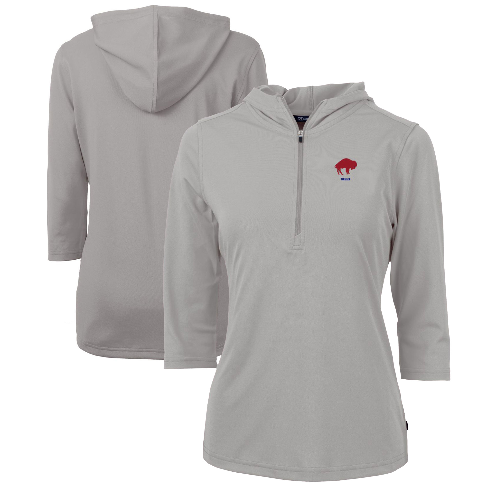 Women's Cutter & Buck Gray Buffalo Bills Throwback Logo Virtue Eco Pique 3/4 Sleeve Half-Zip Pullover Hoodie