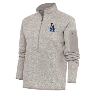 Women's Antigua Oatmeal Los Angeles Dodgers Logo Fortune Quarter-Zip Pullover Jacket