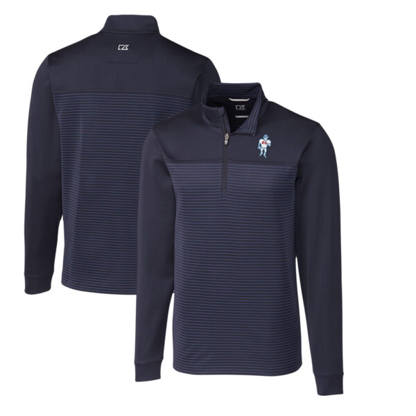 Men's Cutter & Buck Navy Houston Oilers Throwback Logo Traverse Stripe Stretch Quarter-Zip Big & Tall Pullover Top
