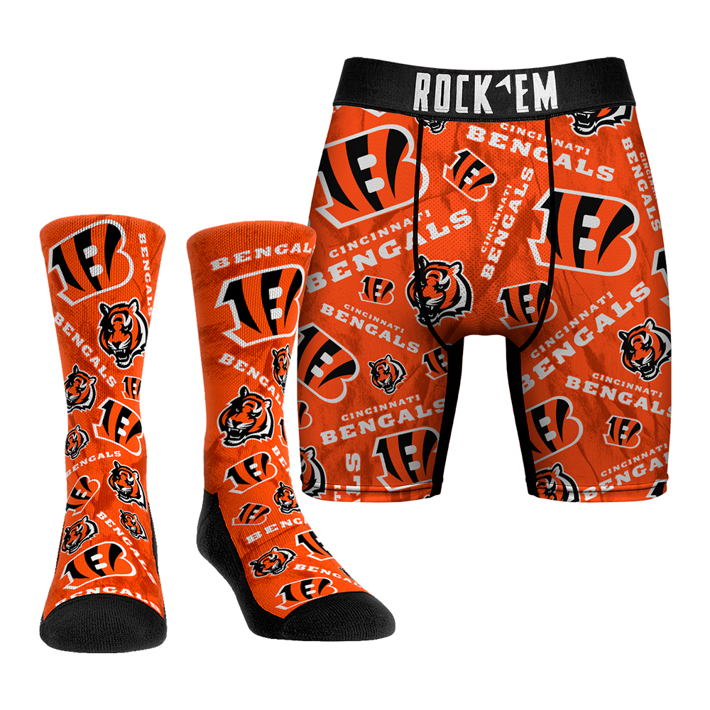 Men's Rock Em Socks Cincinnati Bengals All-Over Logo Underwear and Crew Socks Combo Pack