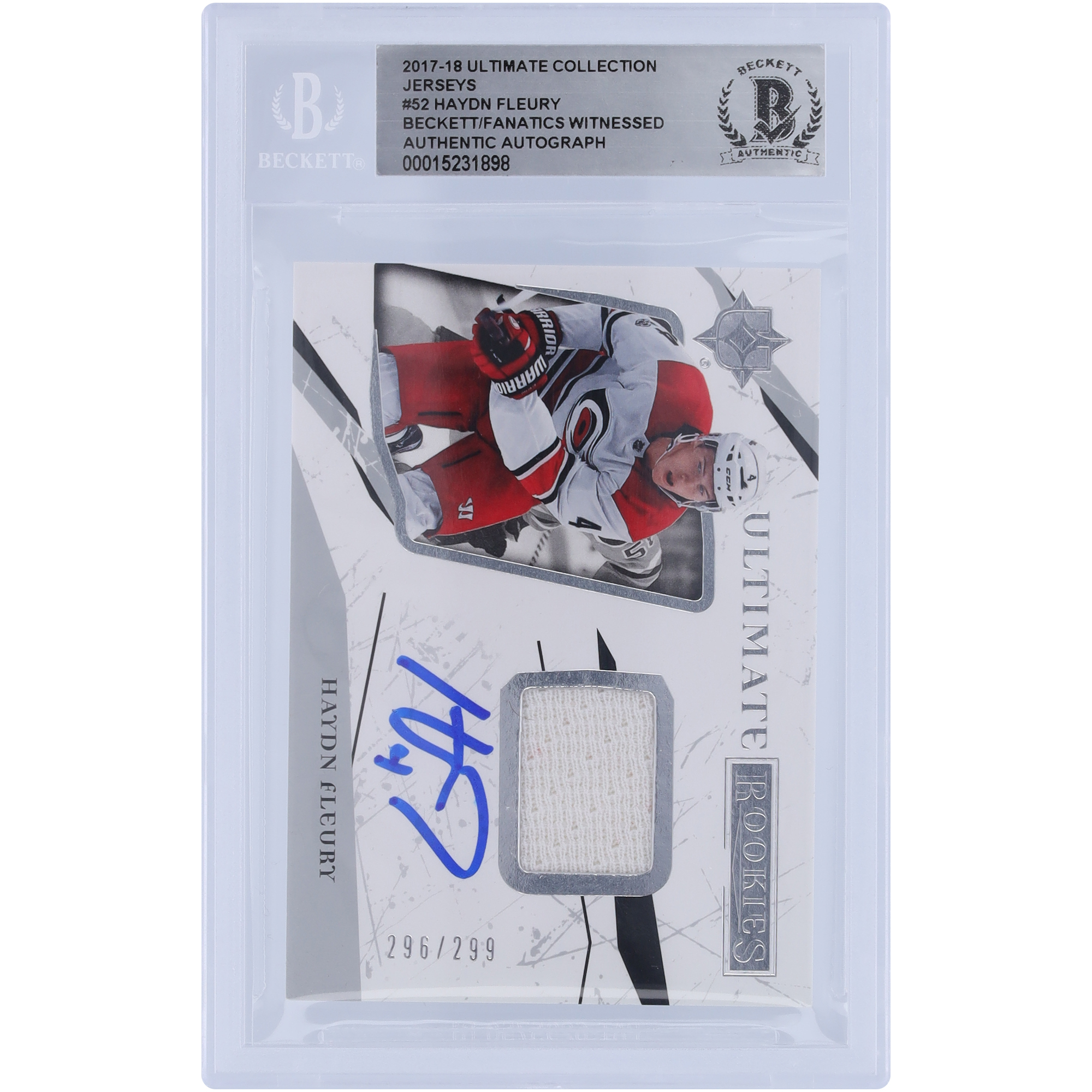 Haydn Fleury Carolina Hurricanes Autographed 2017-18 Upper Deck Ultimate Collection Rookies White Relic #52 #296/299 Beckett Fanatics Witnessed Authenticated Rookie Card - Image 4